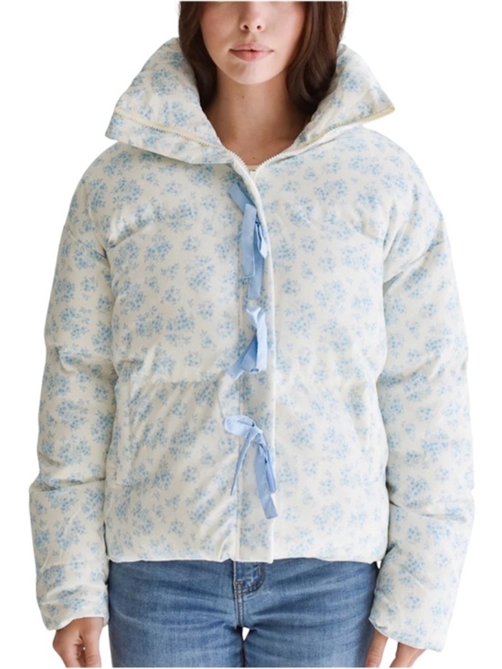 Main Strip White & Blue Floral Puff Jacket with Blue Ribbon Ties Size Large